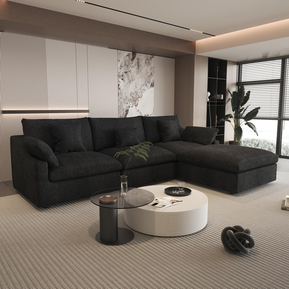 WJShome Cloud Modular Sectional Sofa Couch for Livingroom,119inch Down Filled L Shaped Couch with Wide Seat,Convertible Sectional Sofa with Ottoman,Covers Washable&Replaceable,Black