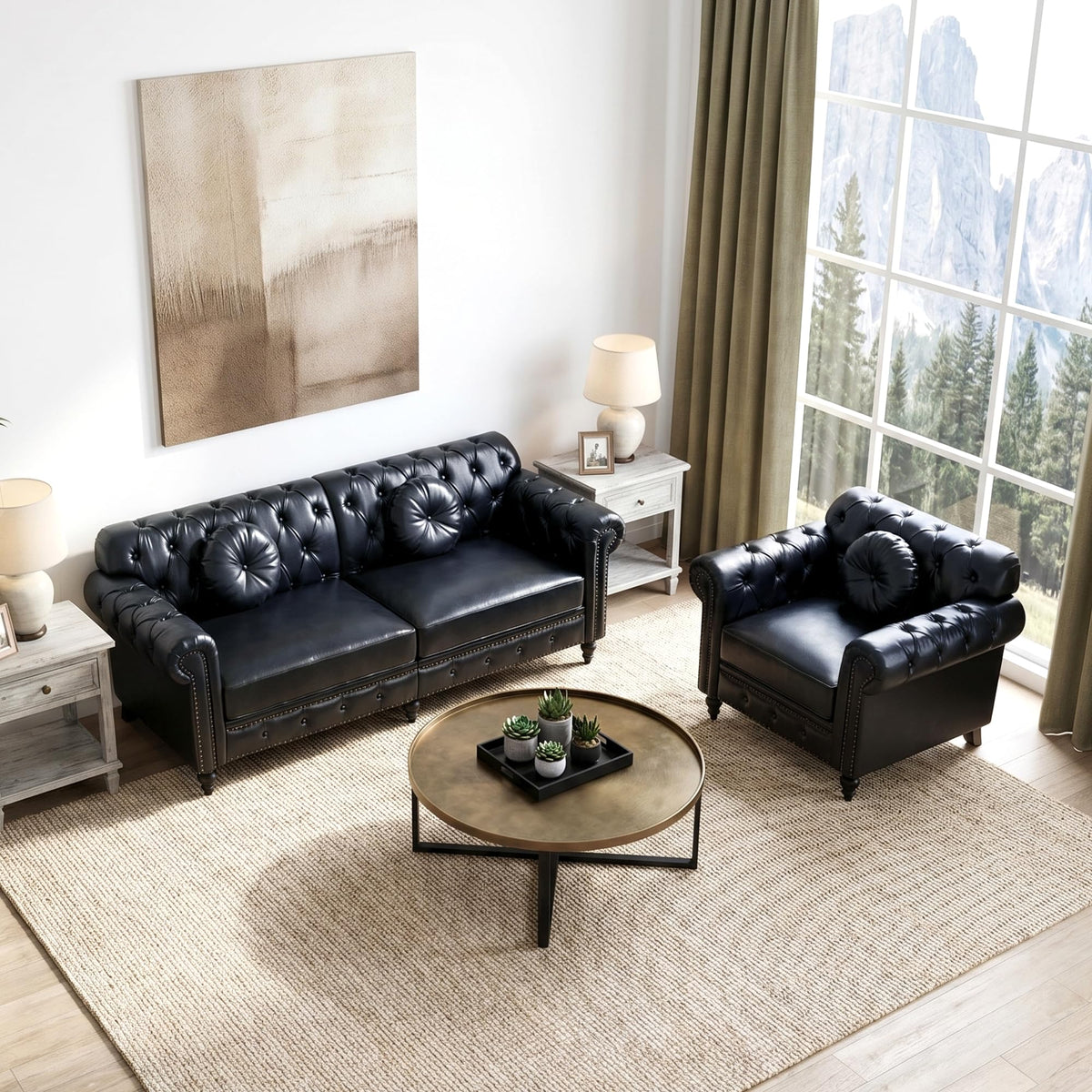 XUZENEST 3-Piece Chesterfield Sofa Set with 3-Seater Sofa&Loveseat&Chair
