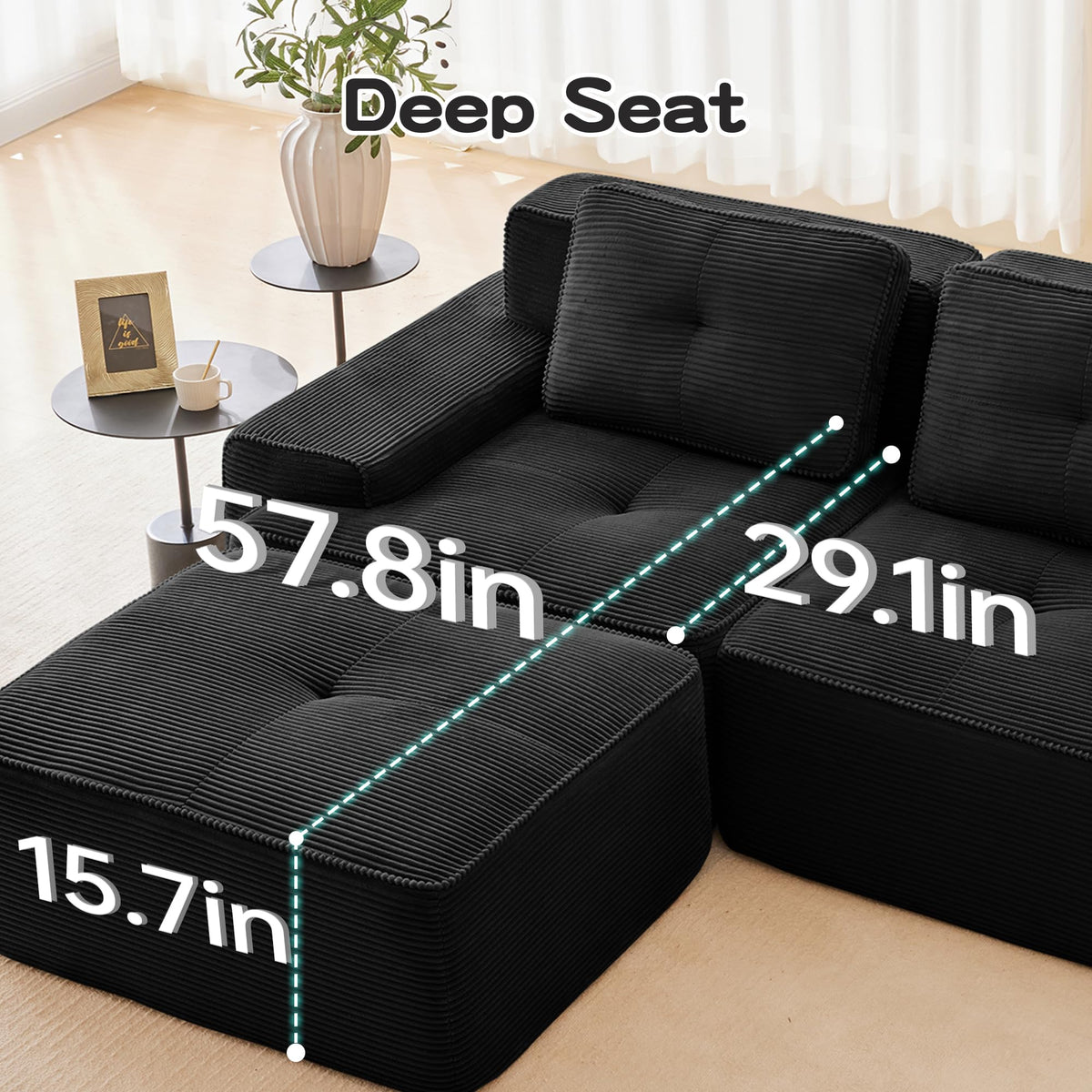 Tidyard 11? Modern U-Shaped Modular Sectional Sofa for Living Room, Corduroy Fabric 3-Seater with Deep Seat, Movable Ottoman, Pearl Piping, Tufted Design, No Assembly, Anti-Slip Base, Black