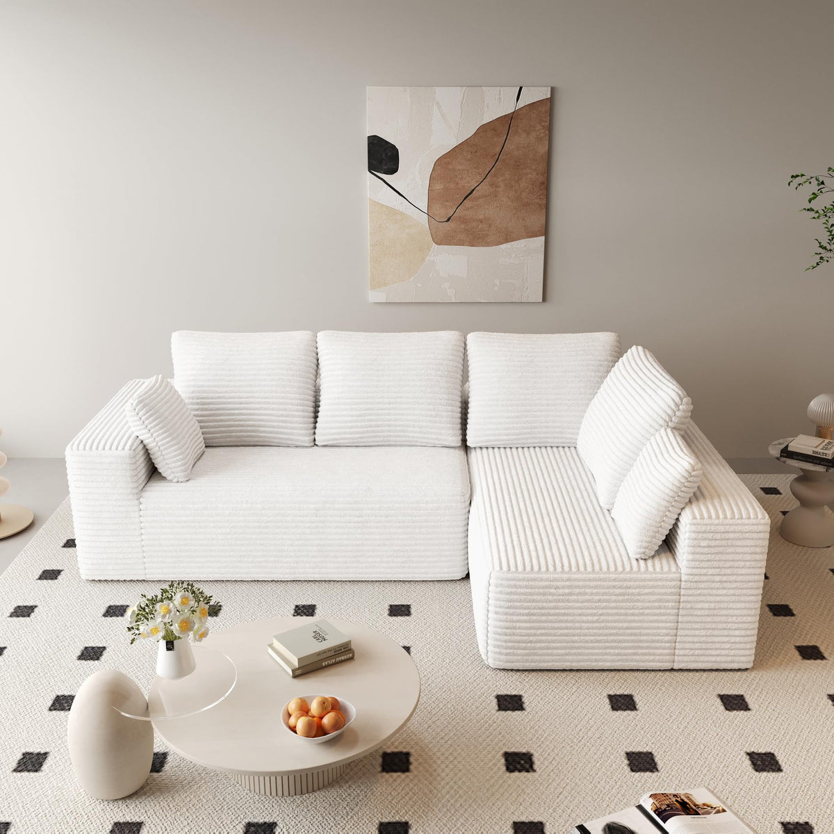 134 Inch Oversized Boneless Sofa Bed, Fluffy Corduroy Sleeper Sofa for Apartment Bedroom Living Room, Comfy Modular Cloud Sectional Couch, Boneless Couch, No Assembly, Brown