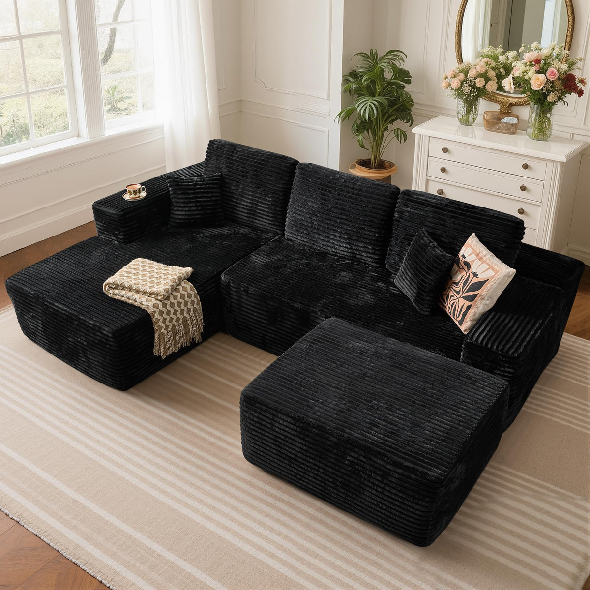 104" L-Shape Modular Sectional Sofa Couch,Comfy Upholstered Cloud Couch for Living Room,Modern Minimalist Couches,Deep Seat,No Assembly Required (Black,Plush Corduroy, Right Facing Chaise w/Ottoman)