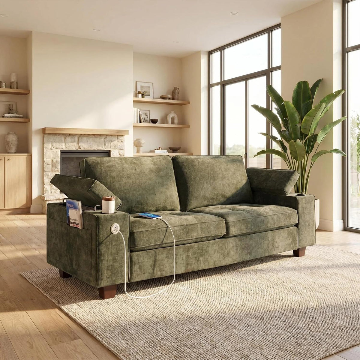 100" L Shaped Sectional Sofa with Hidden Armrest Storage, USB & Type-C Charging Ports, 4-Position Adjustable Armrests, Built-in Cup Holders, Upholstered Couch for Living Room, Brown