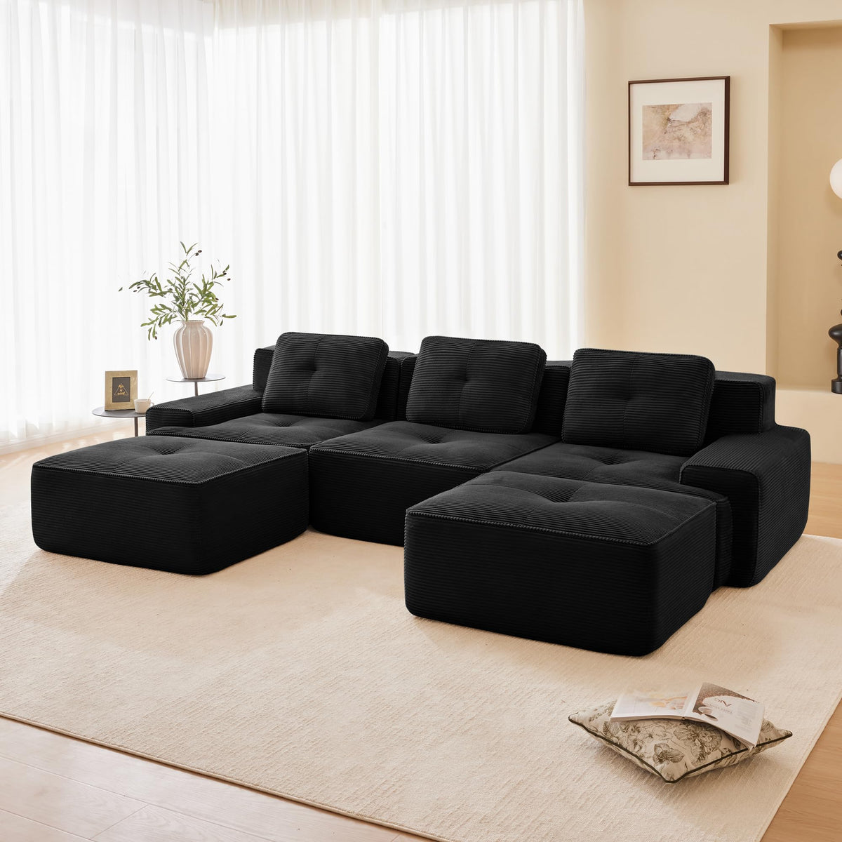 Tidyard 11? Modern U-Shaped Modular Sectional Sofa for Living Room, Corduroy Fabric 3-Seater with Deep Seat, Movable Ottoman, Pearl Piping, Tufted Design, No Assembly, Anti-Slip Base, Black