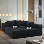 128" Premium Corduroy Deep Seat Chaise Lounge Indoor, Modern Boneless Compressed Floor Sectional Sofa with No Assembly, Free Combination Modular Cloud Sectional Sofa for Living Room, Black