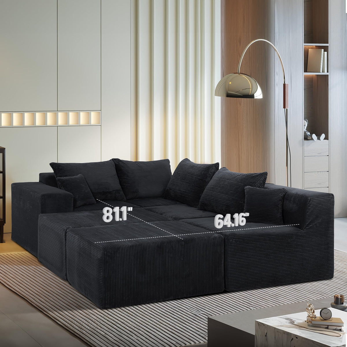 128" Premium Corduroy Deep Seat Chaise Lounge Indoor, Modern Boneless Compressed Floor Sectional Sofa with No Assembly, Free Combination Modular Cloud Sectional Sofa for Living Room, Black