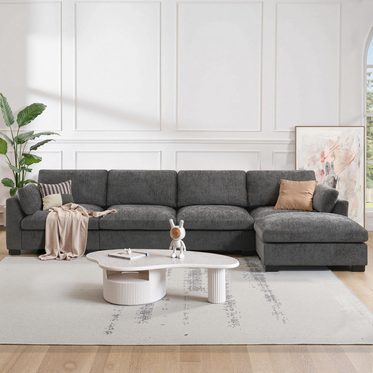 130" Modular Sectional Sofa, Oversized L-Shape Couch, Modern Comfy Chenille Sofa with Folding Table and Dual-Port Charging, Side Storage Pockets, 5 Seat Convertible Couches for Living Room (Charcoal)