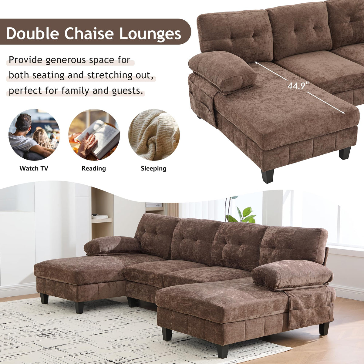 U Shaped Sectional Sofa 103.5" Chenille Fabric Couch with Dual Chaise Lounges, Storage Pockets and Armrest Pillows for Living Room, Brown