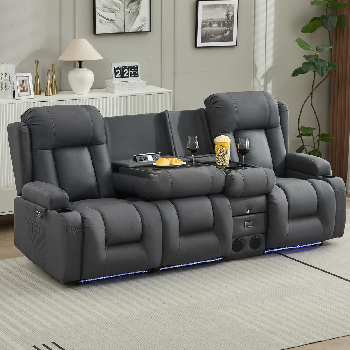 TUNYI Wall Hugger Loveseat Recliner Sofa with Console, Power Reclining Loveseat RV Couch with Massage & Heat/USB/Outlet/Storage/LED Light/Speaker (Blue, 2 Seat with Console)