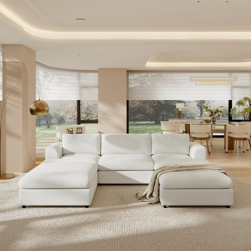 118" V Shape Sectional Sofa Couch, Modern Modular Boucle Cloud Couch with Flexible Layout, Oversized Comfy Upholstered Modular 5-Seats Sectional Couch, White
