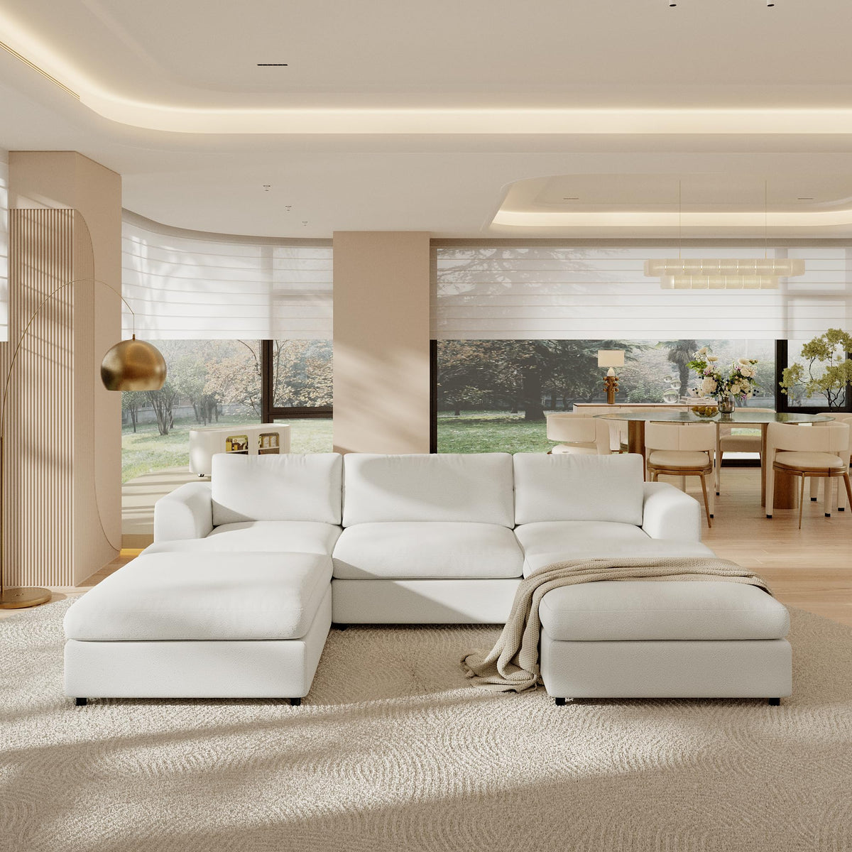 118" V Shape Sectional Sofa Couch, Modern Modular Boucle Cloud Couch with Flexible Layout, Oversized Comfy Upholstered Modular 5-Seats Sectional Couch, White