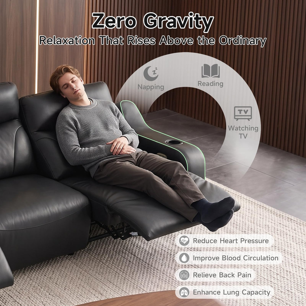 105"Genuine Leather Power Recliner Sofa with Massage, 3-Seater Zero Gravity Reclining Couch with USB Type-C Charging Ports, Cup Holders, LED Lights, Zero Wall Hugger Sofa for Living Room,Black