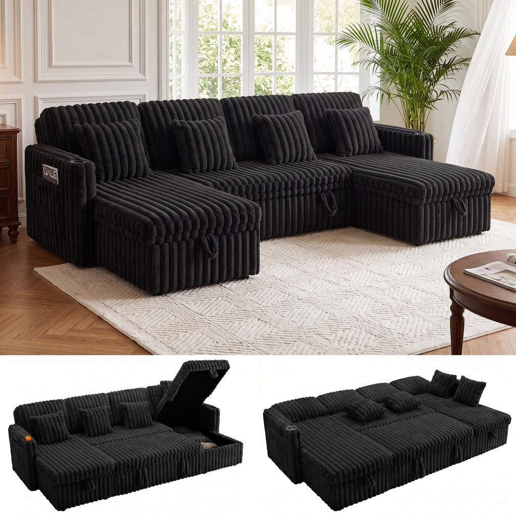 108”Pull Out Sofa Bed, U Shaped Sleeper Sofa for Living Room, Black