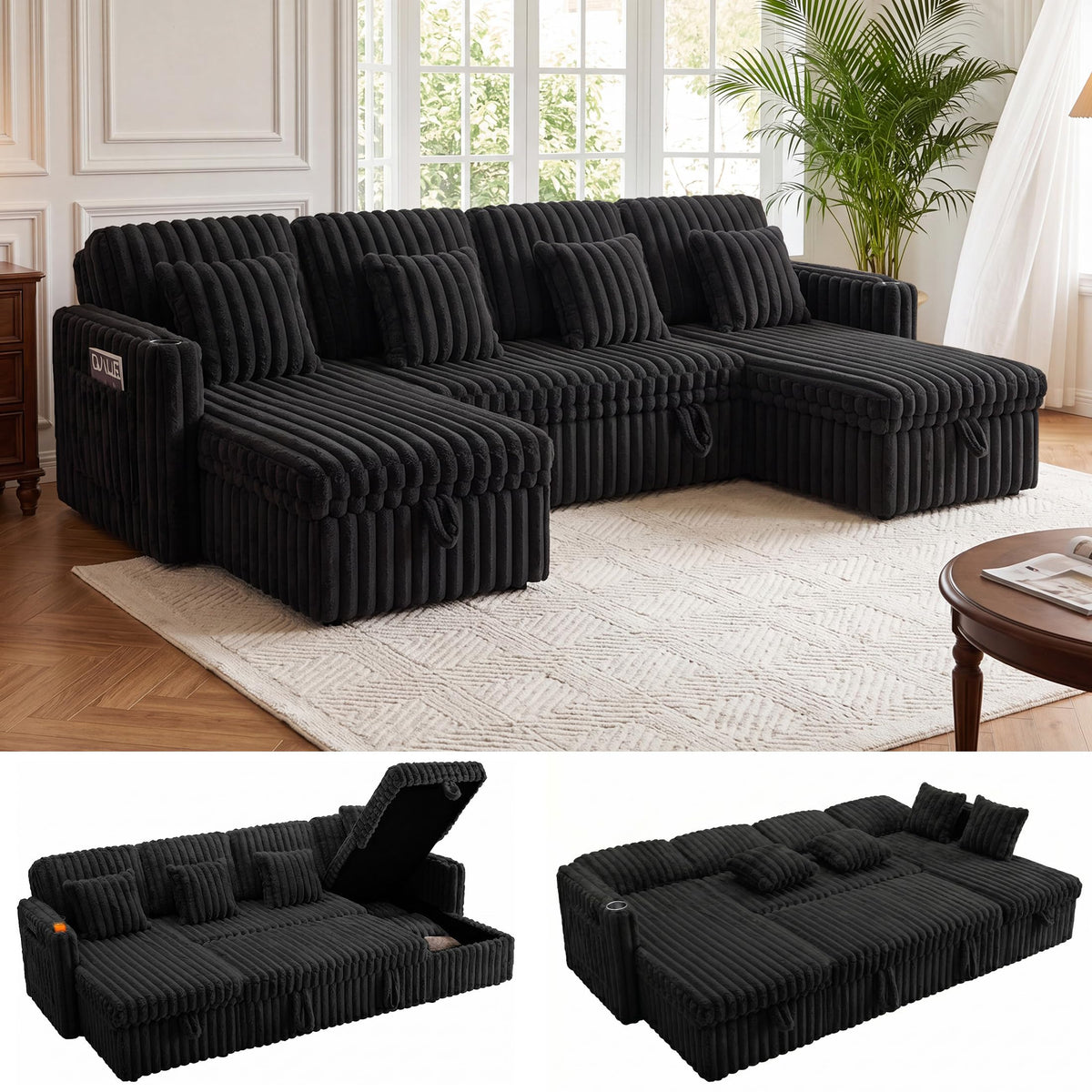 108”Pull Out Sofa Bed, U Shaped Sleeper Sofa for Living Room, Black
