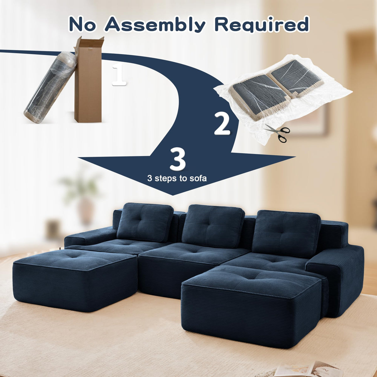 Tidyard 11? U-Shaped Modular Sectional Sofa for Living Room, Corduroy Fabric 3-Seater with Movable Ottoman, Deep Seat, Tufted Design, No Assembly Needed, Anti-Slip Base, Blue