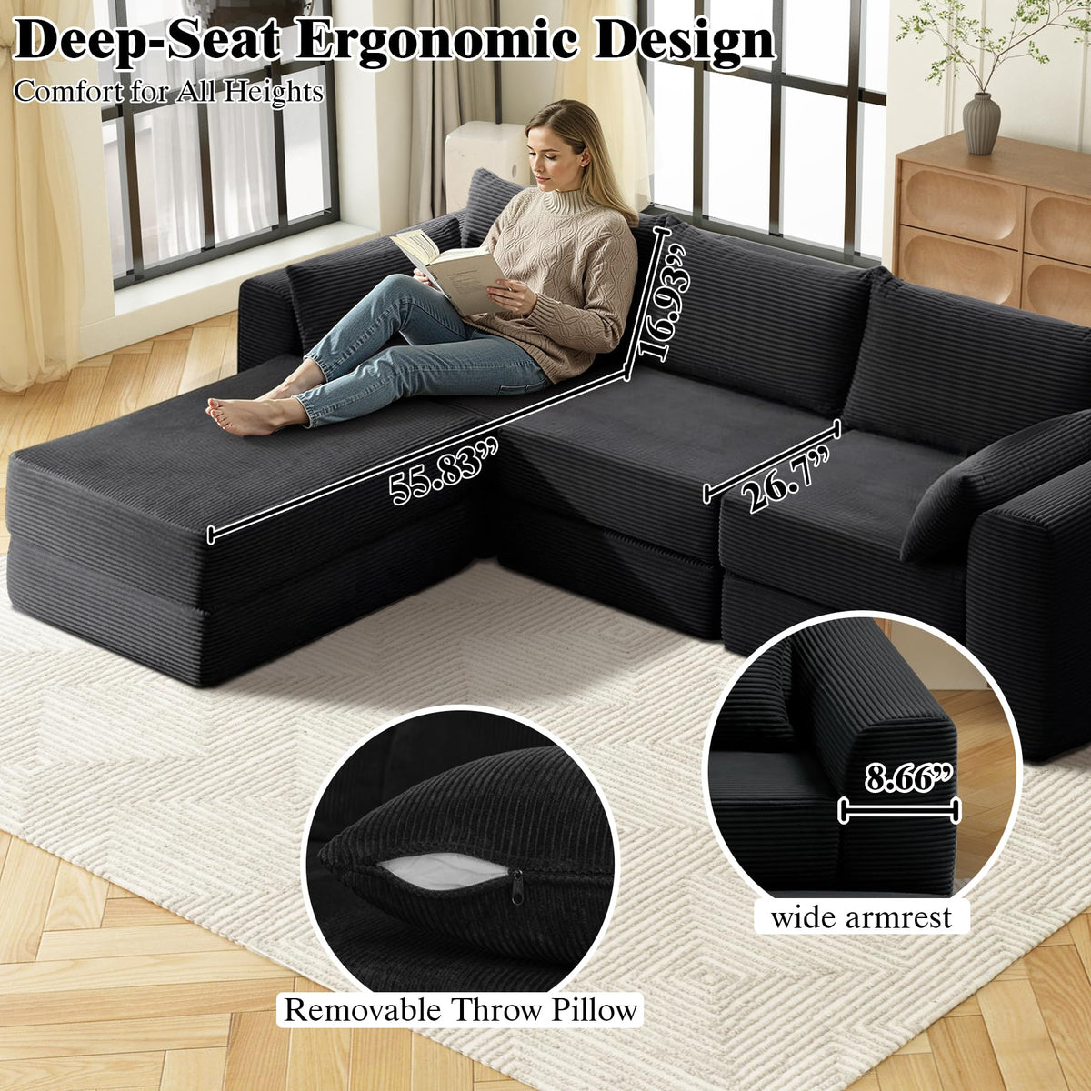 130 Inch Modular Cloud Sectional Sofa, 6 Seater Freely Combined Convertible Sofa with Ottoman, No Installation Compressed Floor Sofa, Soft Memory Foam Cushion for Living Room Apartment, Black