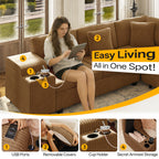 110" L-Shaped Modular Sectional Sofa with Pull Out Bed, Comfy Corduroy Cloud Couch with Removable Ottoman, USB, Storage & Cup Holders, Modern Sectional Sleeper Sofas for Living Room (Camel)