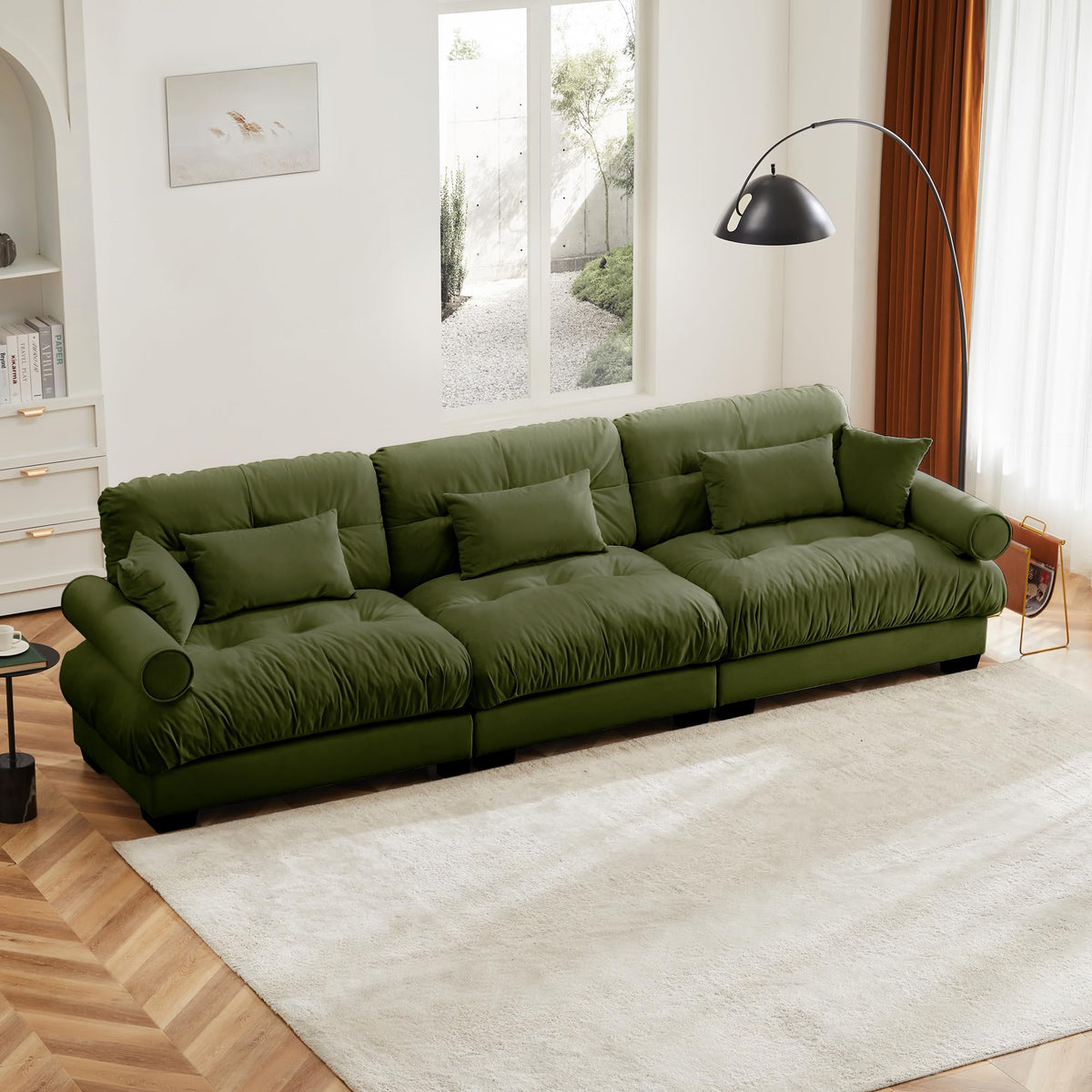130" Modular Sectional Sofa,Velvet Upholstered Couches for Living Room,3 Seater Green Sofa Couch with Movable Ottoman,Big Comfy Loveseat Sofa with Deep Seats for Living Room,Apartment,Bedroom