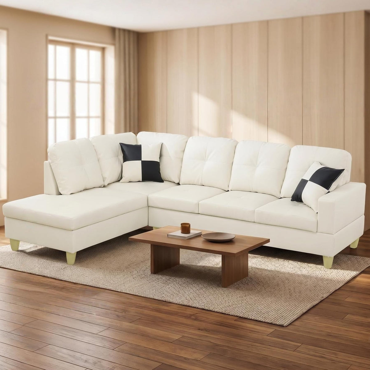 103.5" Sectional Couch with Movable Ottoman, L Shaped 4 Seater PU Faux Leather Sofa w/Chaise Lounge, Comfy Modern Modular Couch for Living Room, Apartment, White Stripes, Right, 3PCS
