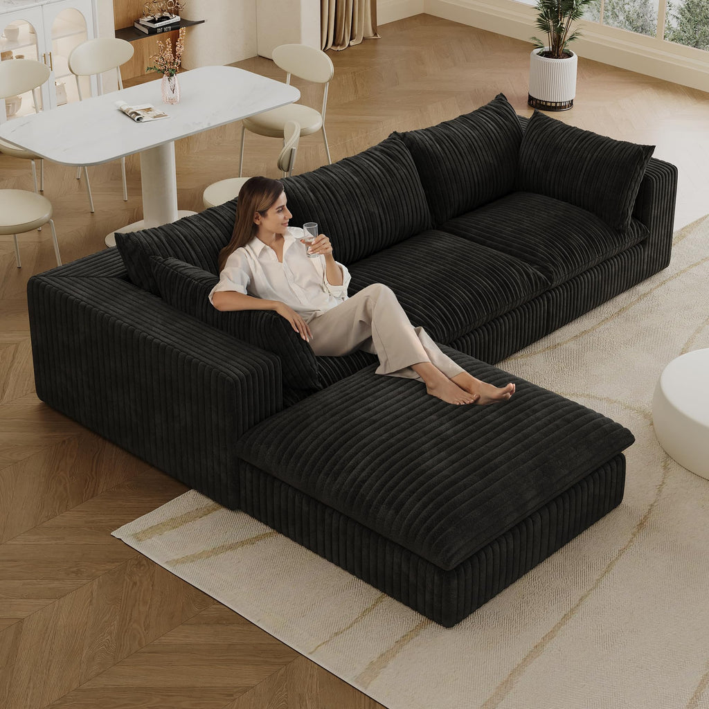 118.2" Cloud Sofa,Corduroy Fabric,Deep Seat Couches,Double Layer Design,Removable Cushion,No Assembly, DIY Combination for Living Room, Bedroom,Conference Room,Apartment,Black