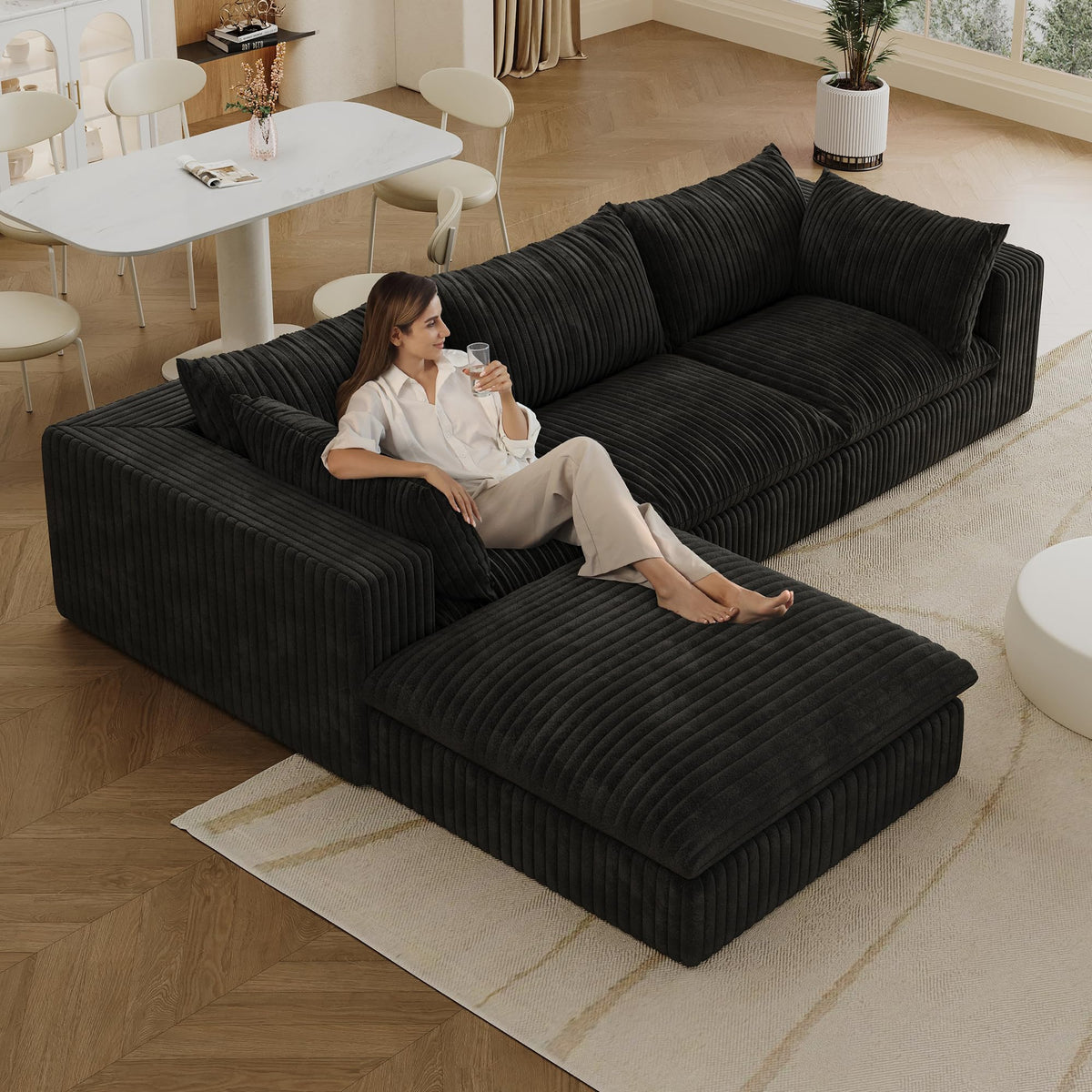 118.2" Cloud Sofa,Corduroy Fabric,Deep Seat Couches,Double Layer Design,Removable Cushion,No Assembly, DIY Combination for Living Room, Bedroom,Conference Room,Apartment,Black