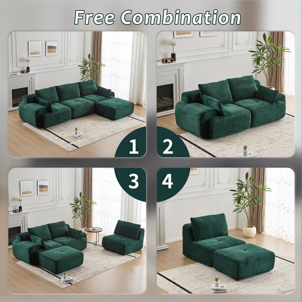 Tidyard Foam Sectional Sofa, Pet-Friendly Corduroy Fabric, No Assembly Required, Extra Deep Loveseat for Living Room, Green