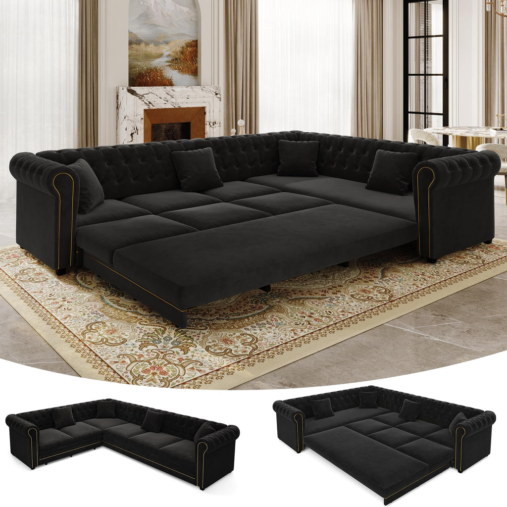 118" Oversized Sleeper Sofa with Pull Out Bed, Chenille L Shaped Convertible Sectional Sleeper Couch with Nailhead Trim & Rolled Arm, 6-Seater Couches for Living Room, Blue