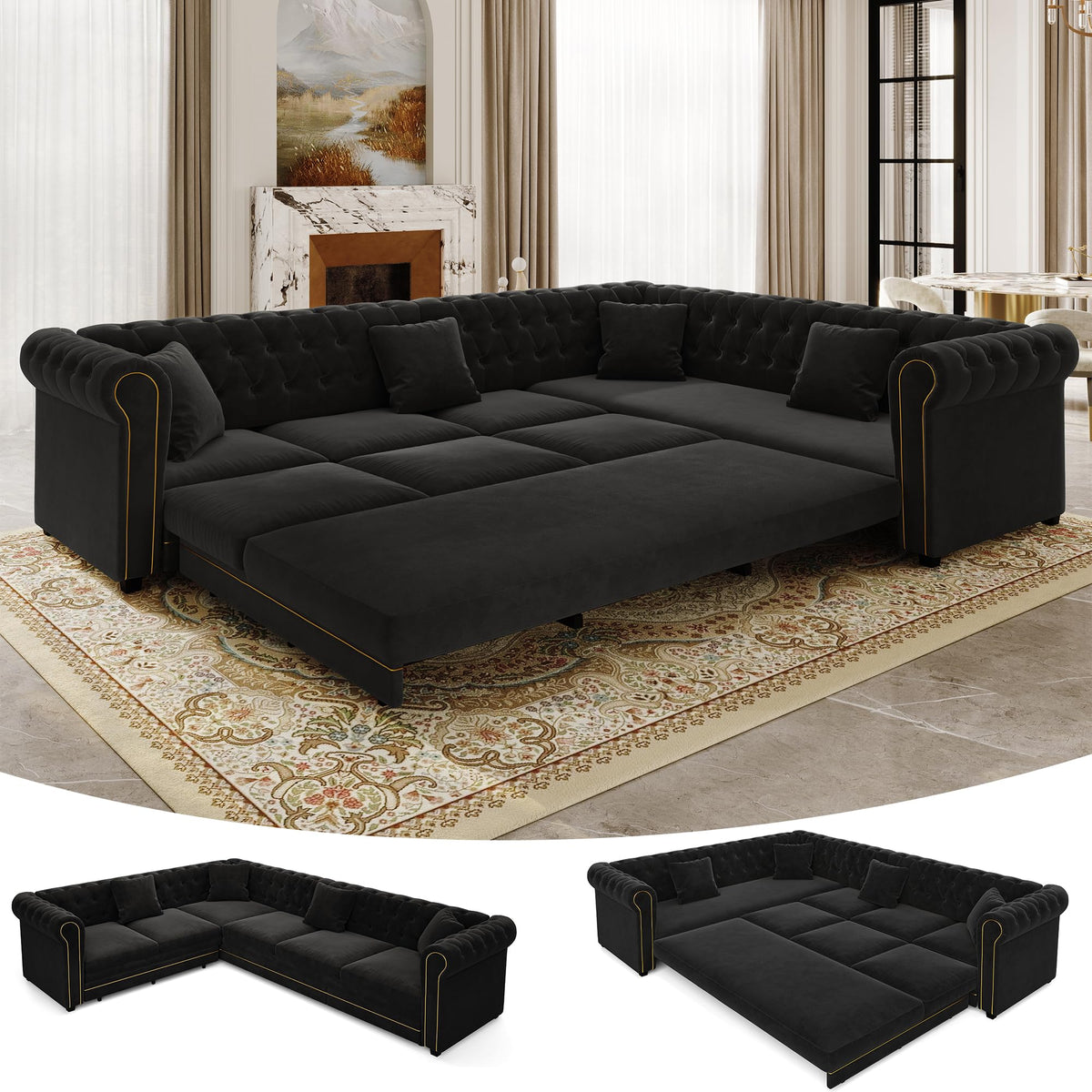 118" Oversized Sleeper Sofa with Pull Out Bed, Chenille L Shaped Convertible Sectional Sleeper Couch with Nailhead Trim & Rolled Arm, 6-Seater Couches for Living Room, Blue