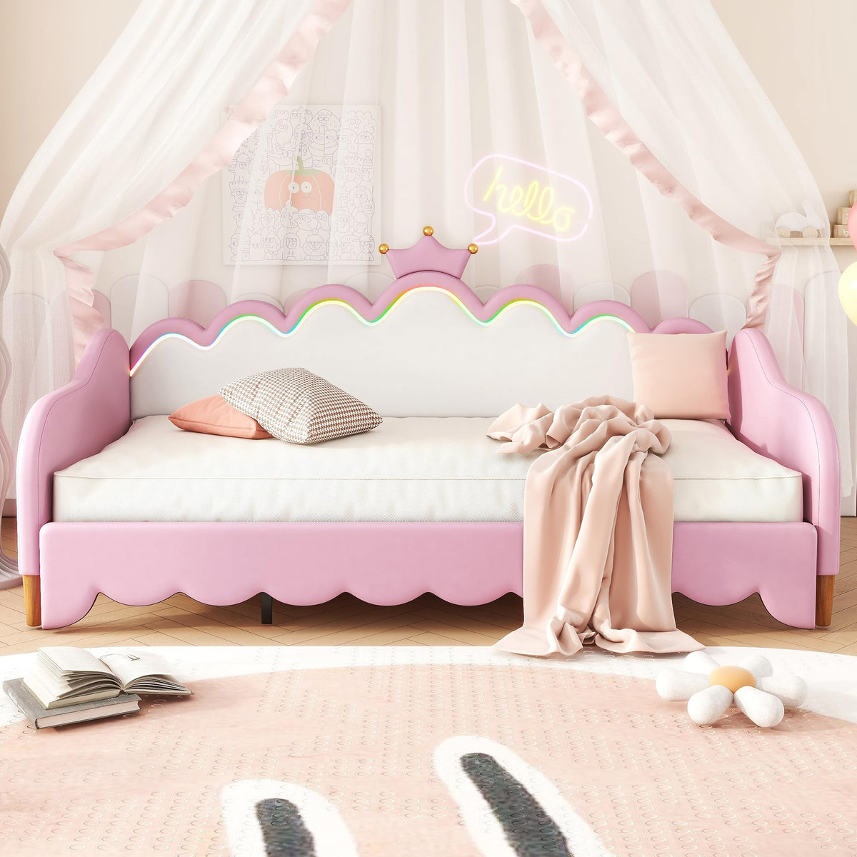 Twin Extending Daybed with LED Lights, Upholstered Princess Daybed with Crown Headboard,Pink