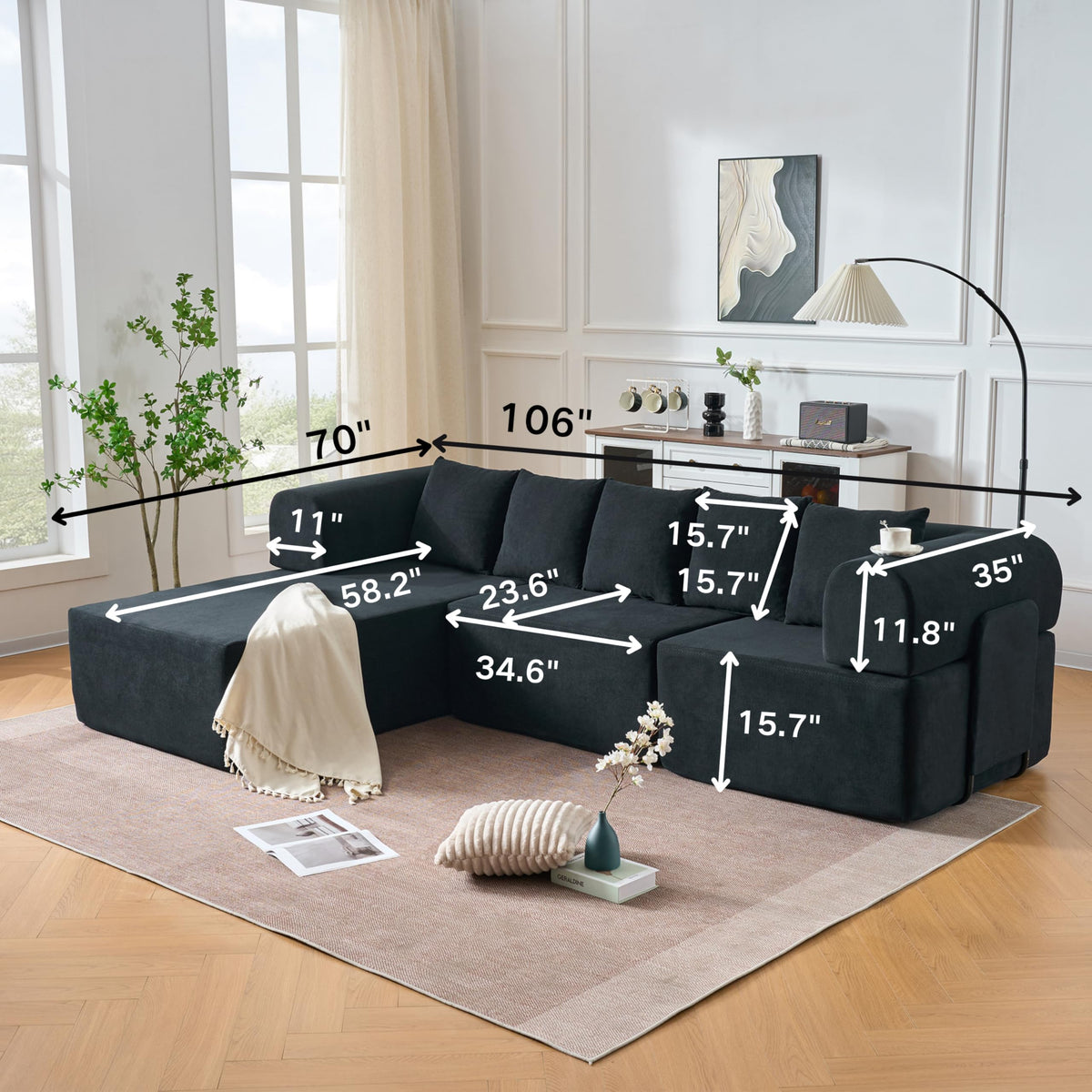 106" Modular Sectional Sofa,L Shaped Cloud Sectional Couch with Deep Seat,Velvet Boneless Couch with Movable Chaise 5 Pillows,Compressed Sofa for Living Room,No Assembly Required,Black