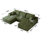107" Plush Corduroy Deep Seat Chaise Lounge Indoo, Modern Boneless Compressed Floor Sectional Sofa with High-Resilience Foam, Free Combination Modular Cloud Sectional Sofa for Living Room, Green