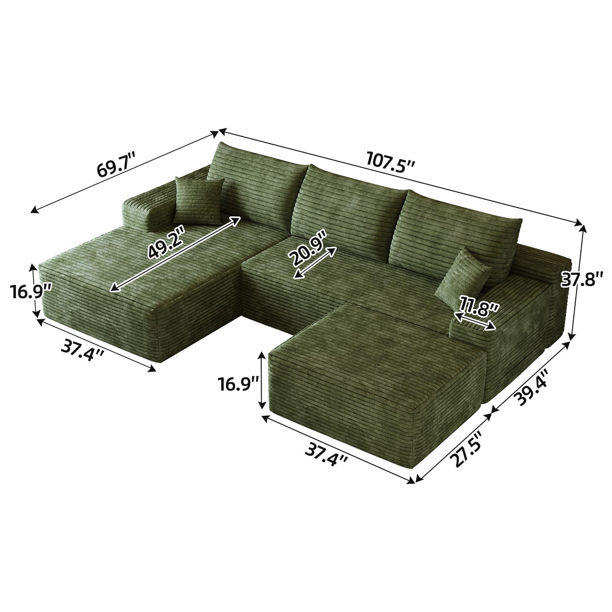 107" Plush Corduroy Deep Seat Chaise Lounge Indoo, Modern Boneless Compressed Floor Sectional Sofa with High-Resilience Foam, Free Combination Modular Cloud Sectional Sofa for Living Room, Green