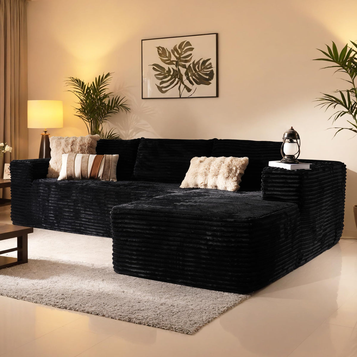 106" Cloud Sectional Couch with L-Shape Chaise & Ottoman, No Assembly Modular Sofa, Deep Seat Plush Corduroy Boneless Couched for Living Room (Black Plush Corduroy, L Shape with Ottoman-Left Facing)