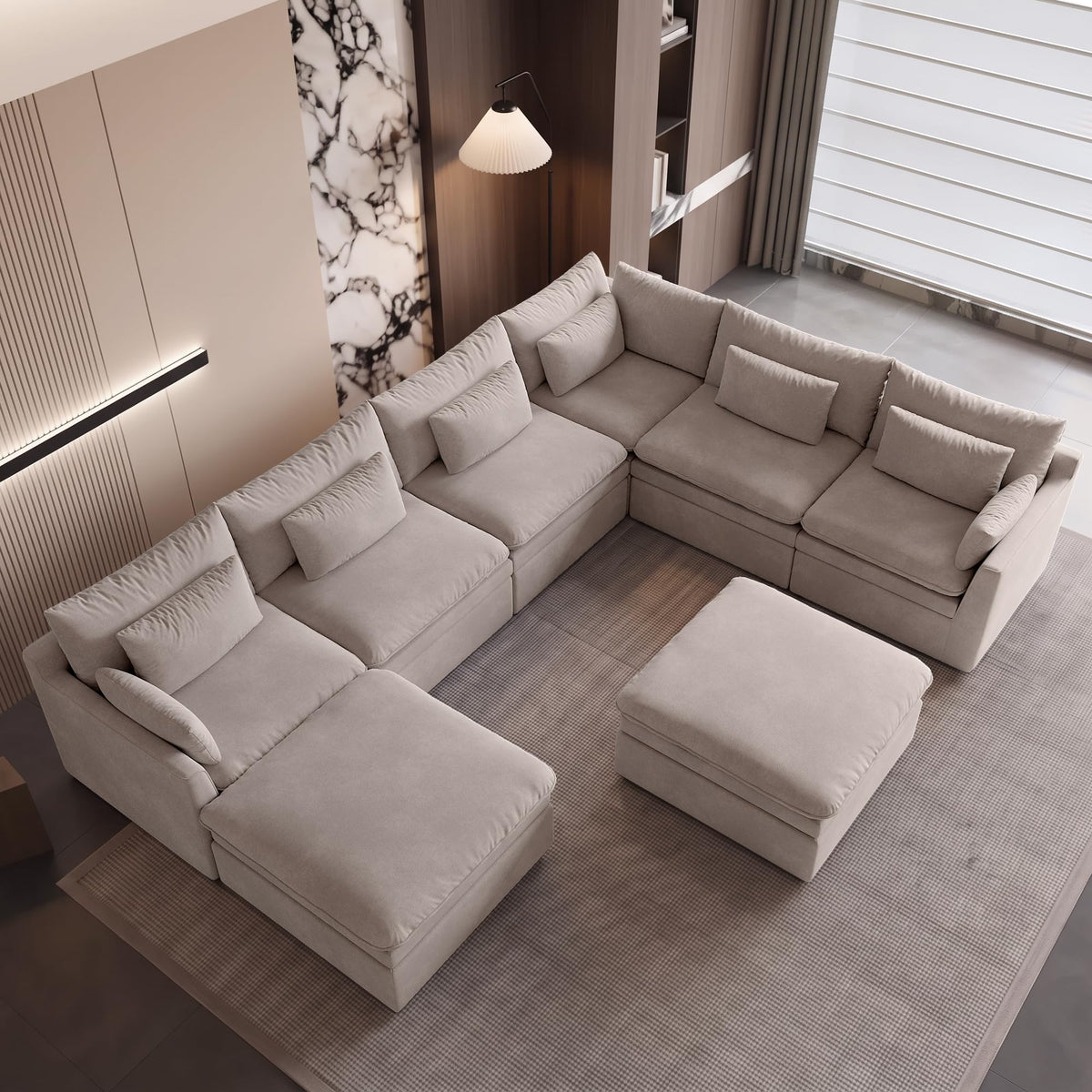 WJShome Oversized Modular Sectional Sofas, Modern Deep Seat 7-Seater Sectional Couches for Living Room, Modular Sofa with Recliner Ottoman, Solid Wood Frame, Cover Washable & Replaceable, Khaki