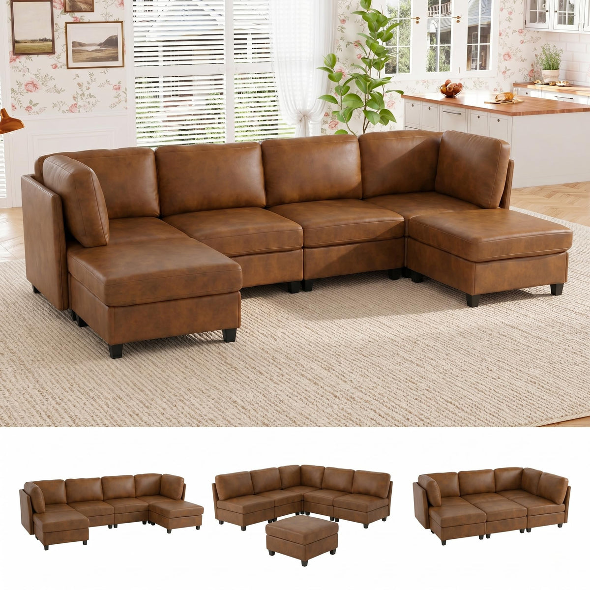 128" Faux Leather Modular Sectional Sofa with Storage, 8 Seater Waterproof & Scratch Resistant Leather Sectional Sofa, U Shaped Couch with Storage, Oversized Brown Sectional Couches for Living Room