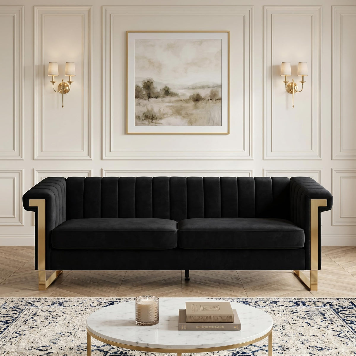 Tomkate 84" Velvet Chesterfield Sofa, Modern 3-Seat Couch with Gold Legs
