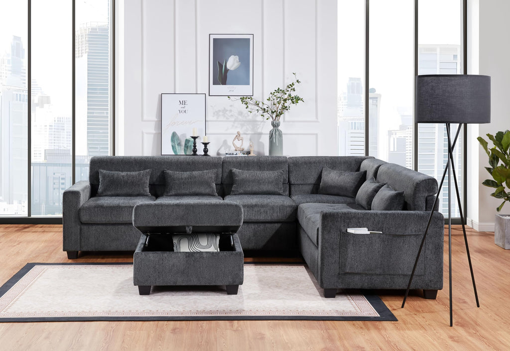 Trey Gray Chenille Sectional Sofa with Adjustable Backrest, Charging Ports, Side Pockets, Tufted Storage Ottoman, and Pillows