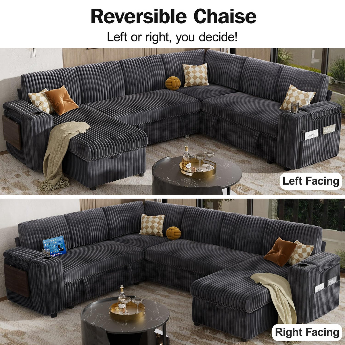 Vipbear 111" Modular Sectional Sleeper Sofa with Pull Out Bed, 7 Seat Plush Corduroy L Shaped Couch with Storage Chaise|USB Ports|Cup Holders|Side Table|Storage Armrests, Tool Free Assembly, Mid Gray