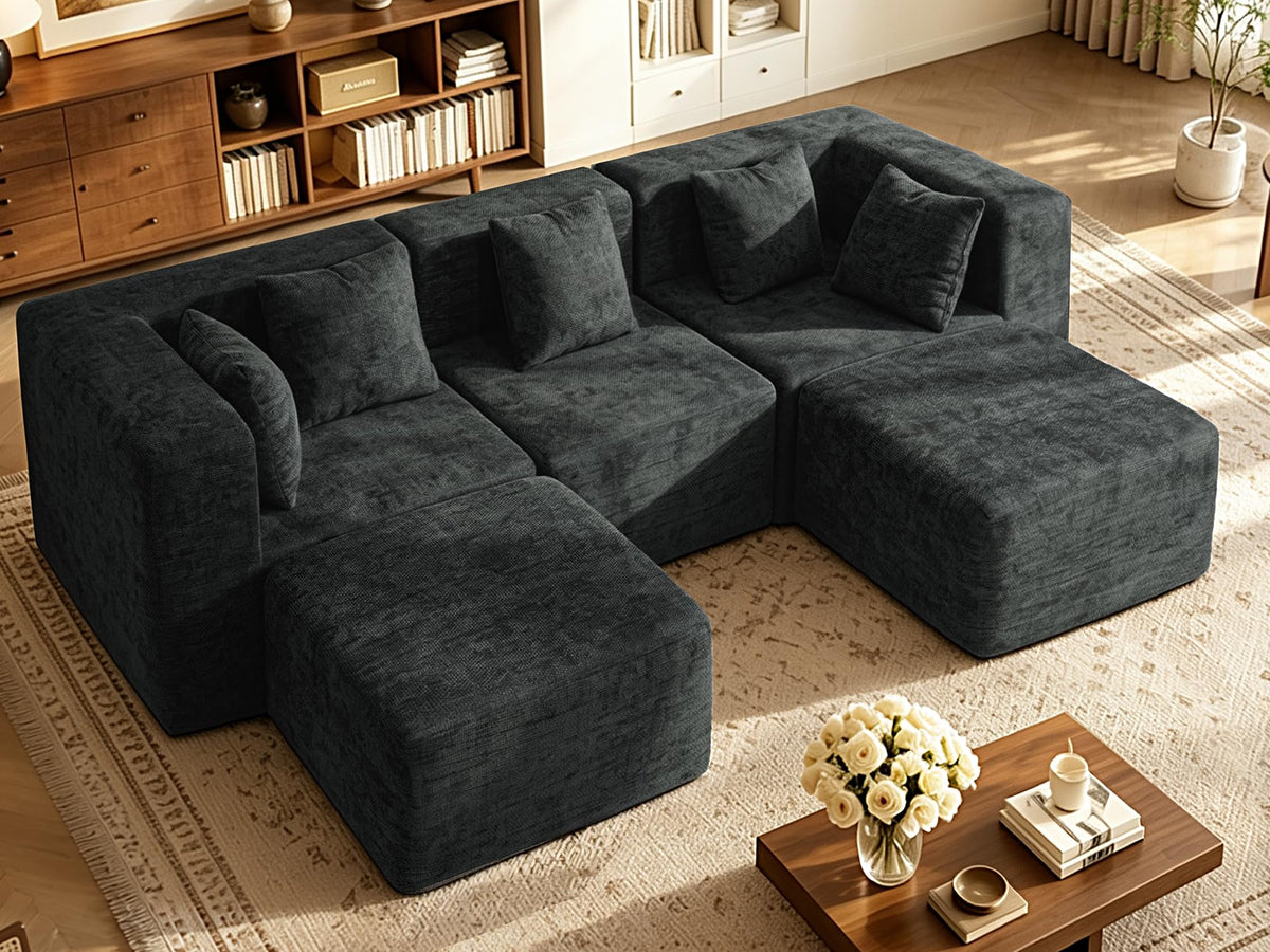 103" Three-Layer Sponge Boneless Couch sectional for Living Room Modular sectional Sofa High-Back 4-Seater L-Shape Couch with Ottoman Memory Foam Waterproof Chenille Black