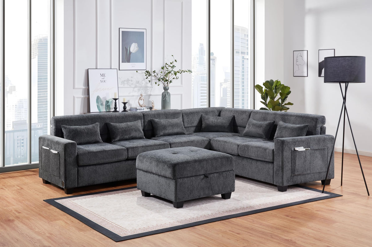 Trey Gray Chenille Sectional Sofa with Adjustable Backrest, Charging Ports, Side Pockets, Tufted Storage Ottoman, and Pillows