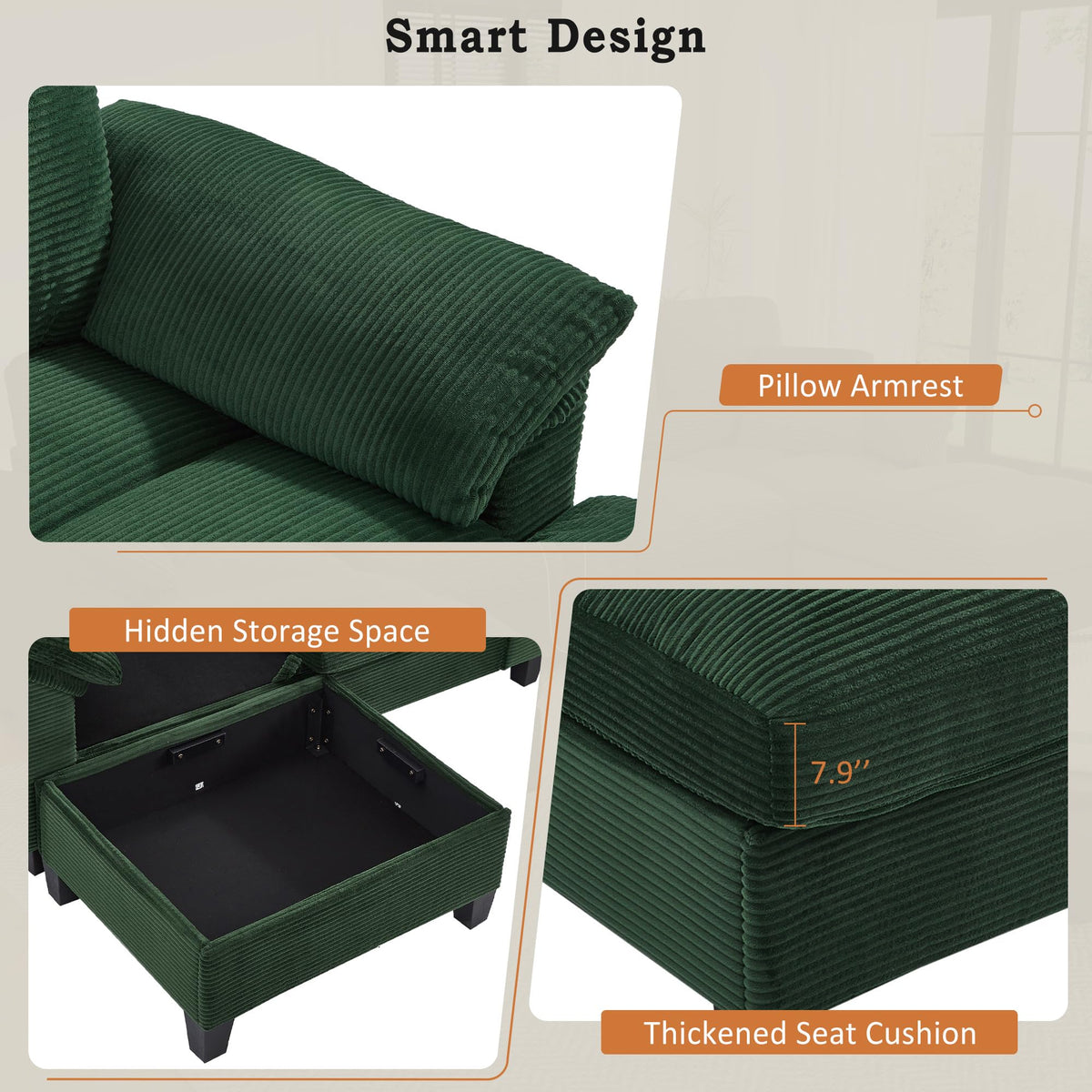 U Shaped Sofa 116.9" Sectional Sofa Corduroy Upholstered Sofa Couch with Storage Ottomans, Cup Holders and USB Ports for Living Room, Green