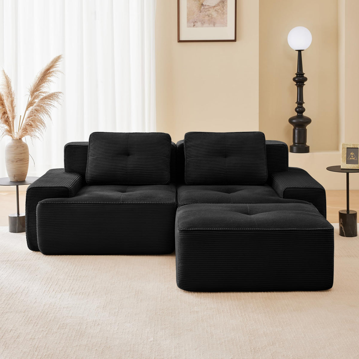 115.3” Camel Boneless Couches for Living Room, Modular Sectional Sofa with L-Shape Chaise, 3 Seater Comfy Upholstered Deep Seat Corduroy Fabric Cloud Couch No Assembly, Anti-Slip Design