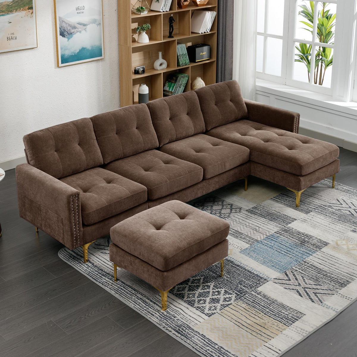 110.6" Velvet Sectional Sofa Couch with Chaise Lounge & Ottoman for Living Room, Modern Contemporary L-Shaped 4-Seat Tufted Sofa Couch for Apartment Office, Strong Metal Leg, Brown