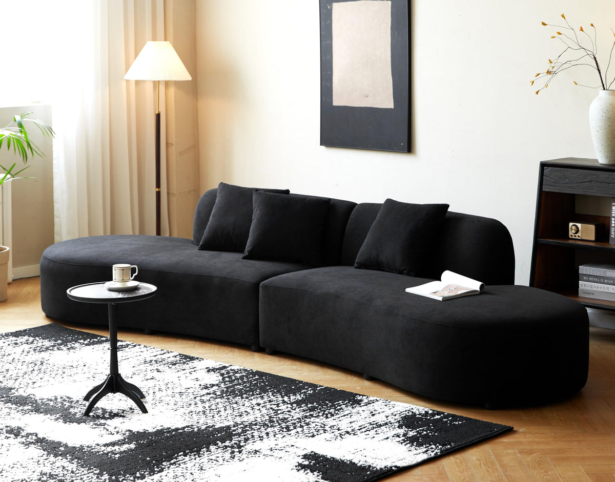 132" Curved Sofa with Throw Pillows, 6 Seater Luxury Velvet Couch with Half Moon and High Density Foam, Ideal for Room, Office Apartment, Black