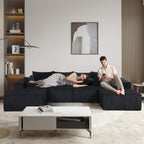 128" Premium Corduroy Deep Seat Chaise Lounge Indoor, Modern Boneless Compressed Floor Sectional Sofa with No Assembly, Free Combination Modular Cloud Sectional Sofa for Living Room, Black
