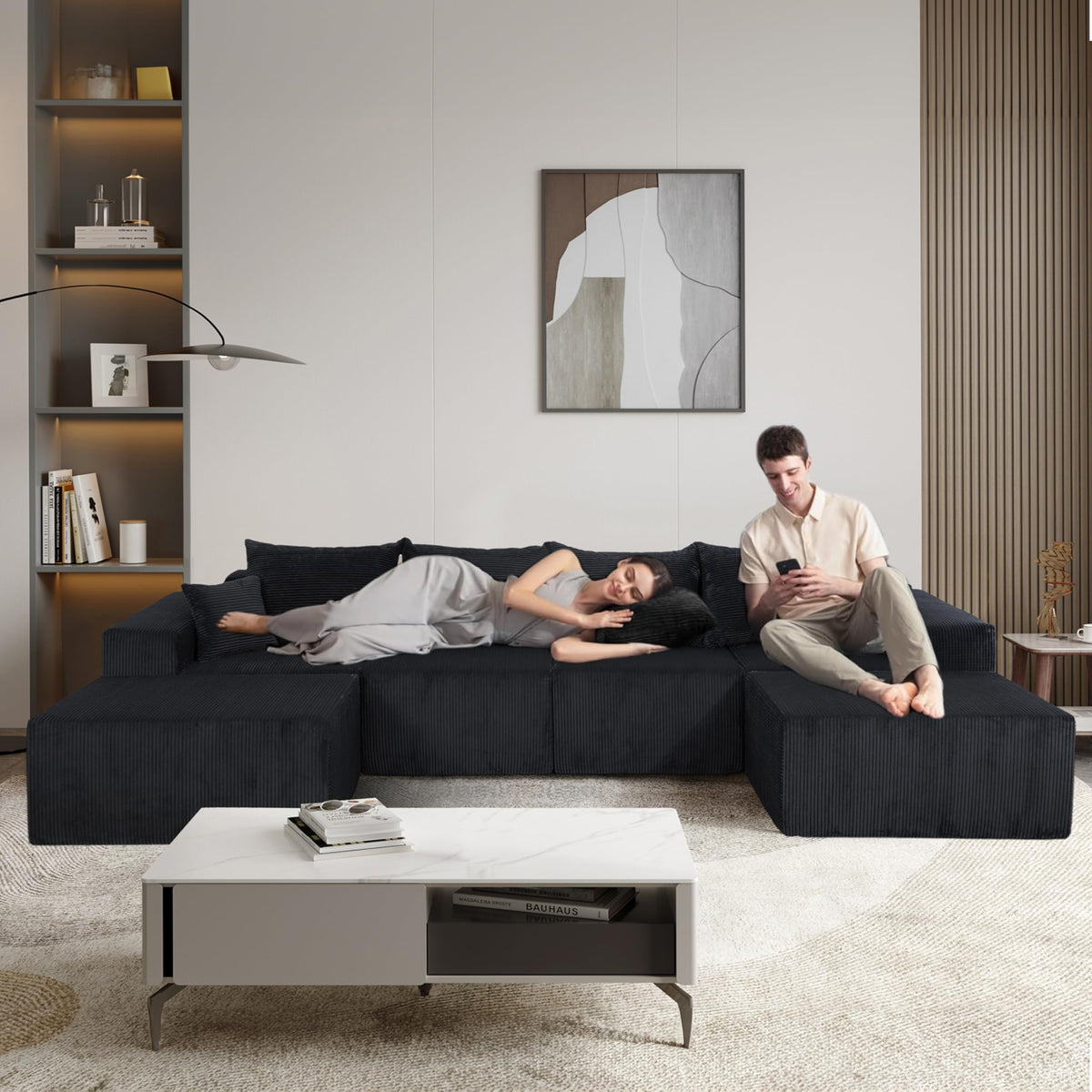 128" Premium Corduroy Deep Seat Chaise Lounge Indoor, Modern Boneless Compressed Floor Sectional Sofa with No Assembly, Free Combination Modular Cloud Sectional Sofa for Living Room, Black