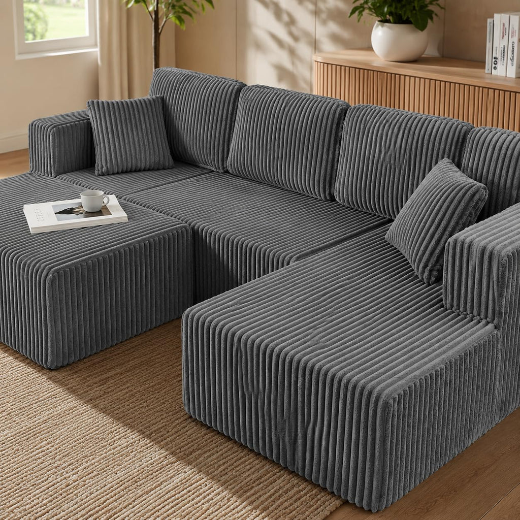 U Shape Modular Sofa Grey Corduroy 5 Seat Storage Space