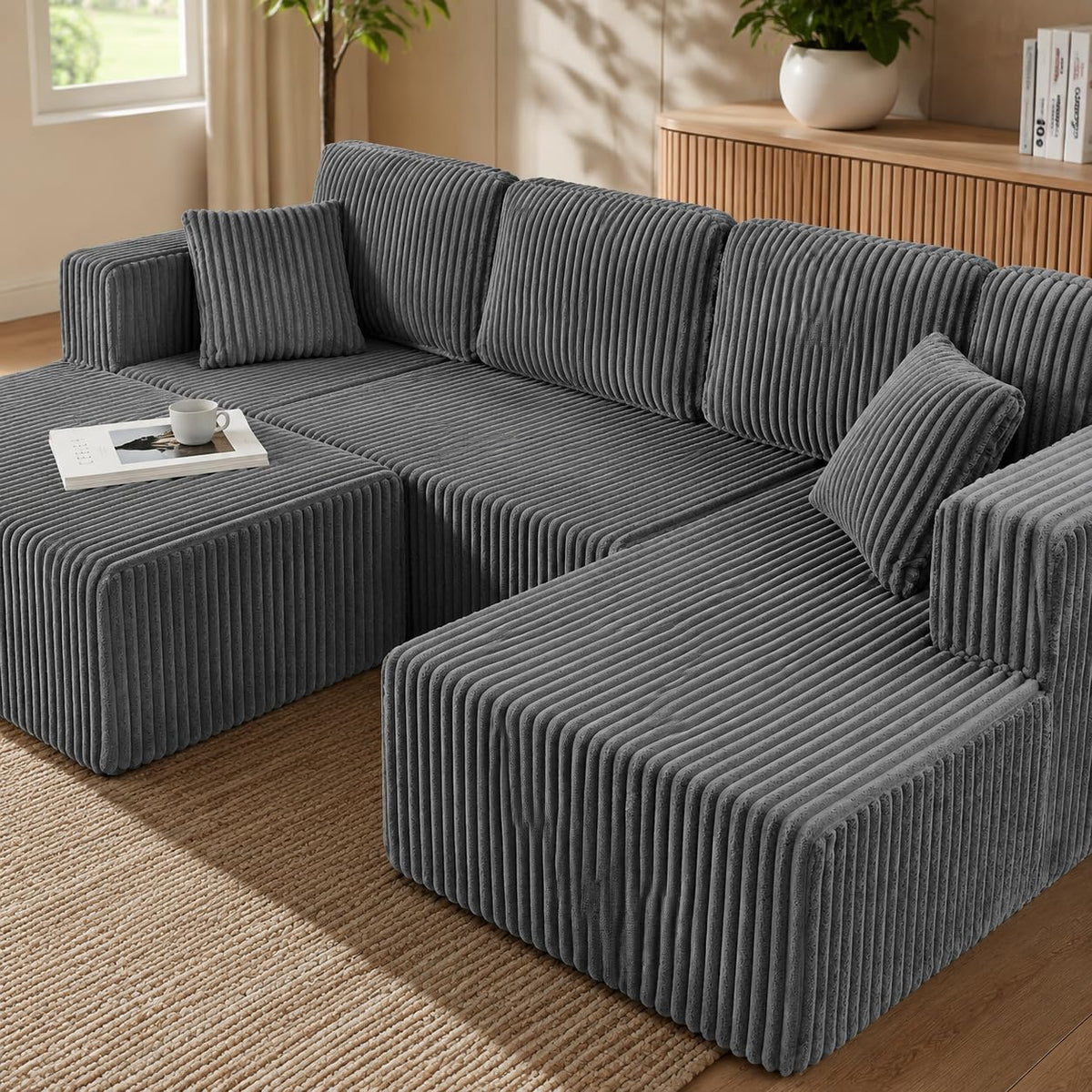 U Shape Modular Sofa Grey Corduroy 5 Seat Storage Space