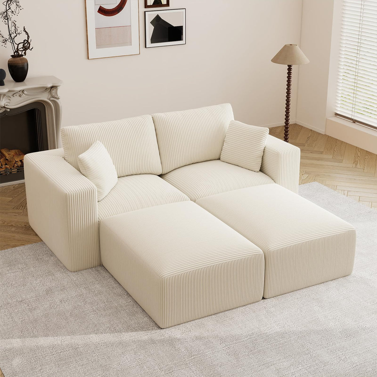 79" Modular Sectional Sofa, Cloud Couch Loveseat Memory Foam Boneless Couch with Chaise, Cozy Upholstered Corduroy Floor Couch, No Assembly Required Living Room Furniture for Apartment, Beige