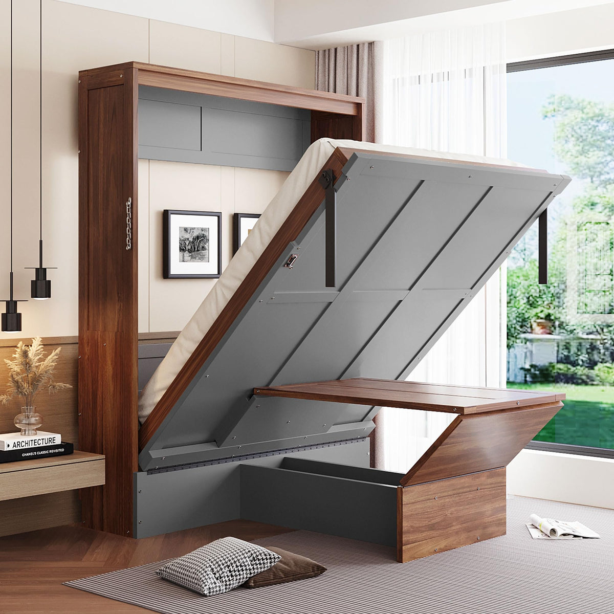 Wood Murphy Bed with Sofa, 4 Storage Shelves and USB Charging Station