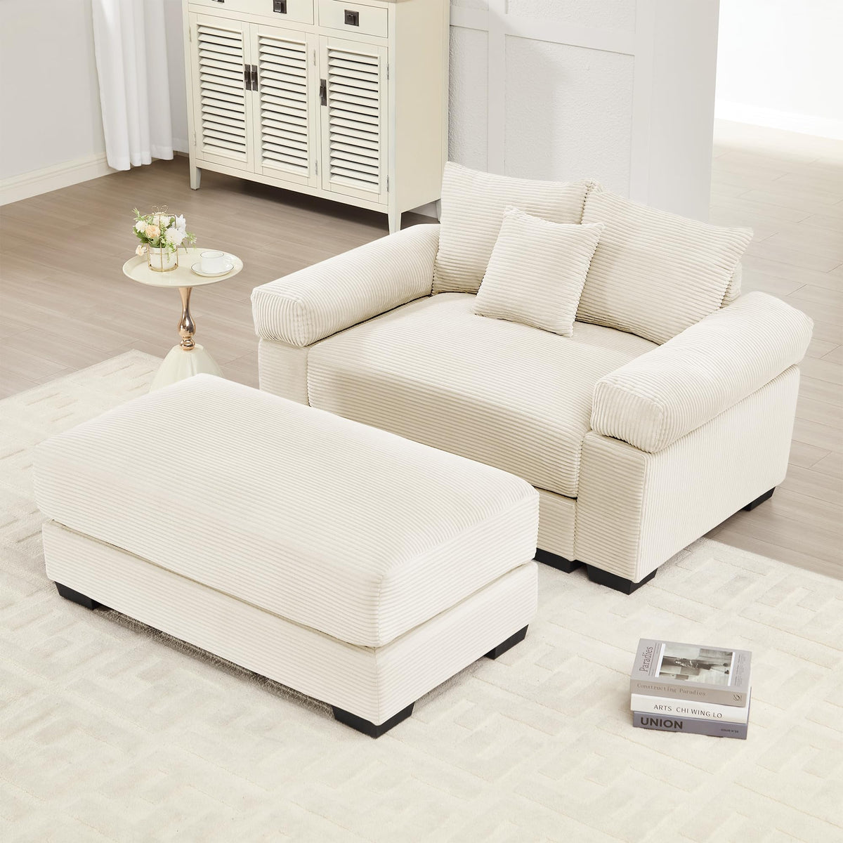 130" Oversized Modular 3-Seater Sectional Sofa, Cloud Corduroy Fabric with Extra-Thick Armrests, Ergonomic Deep Seat Couch for Living Room, Easy Assembly Sofas for Living Room(Cream)